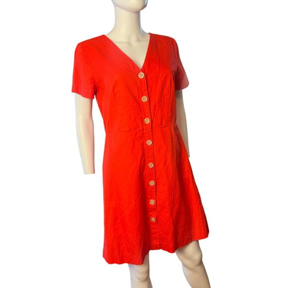 Ann Taylor Red Cotton Linen Button Front Short Sleeve A-Line Shirt Dress US 8 - Picture 1 of 7